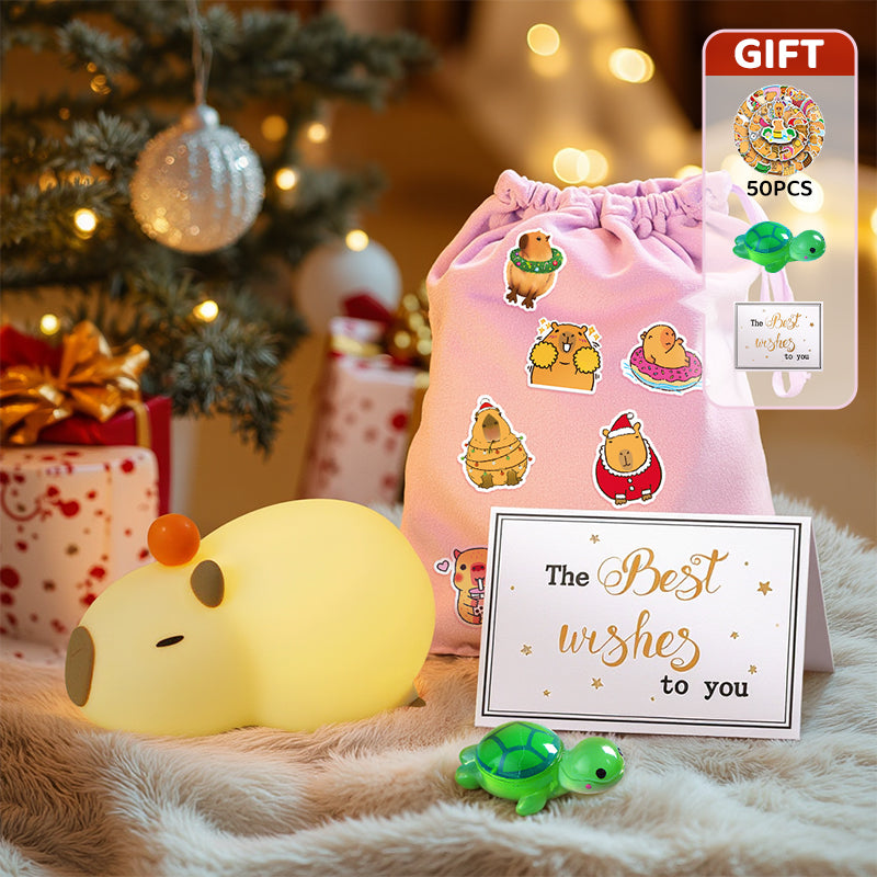 Weihnachtsgeschenkset Squishy Silikon Lazy Capybara mit orangefarbenem LED-Nachtlicht – perfektes Geschenk für Kinder und Mädchen