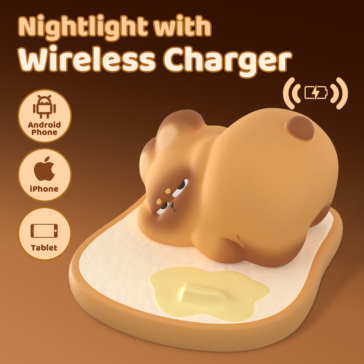 Chargeur sans fil LED en silicone squishy en forme de chat toast - Cadeau idéal pour les enfants et les filles